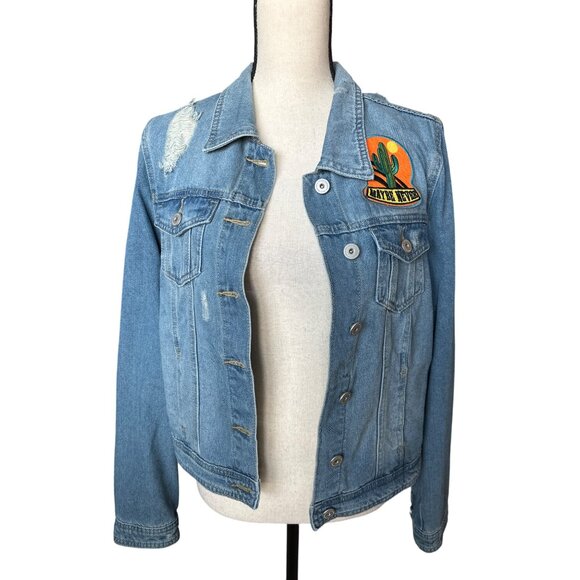 Boom Boom Jeans Denim Jacket Sequin Pineapple & Cactus Patches on Front Size XL - Picture 1 of 7